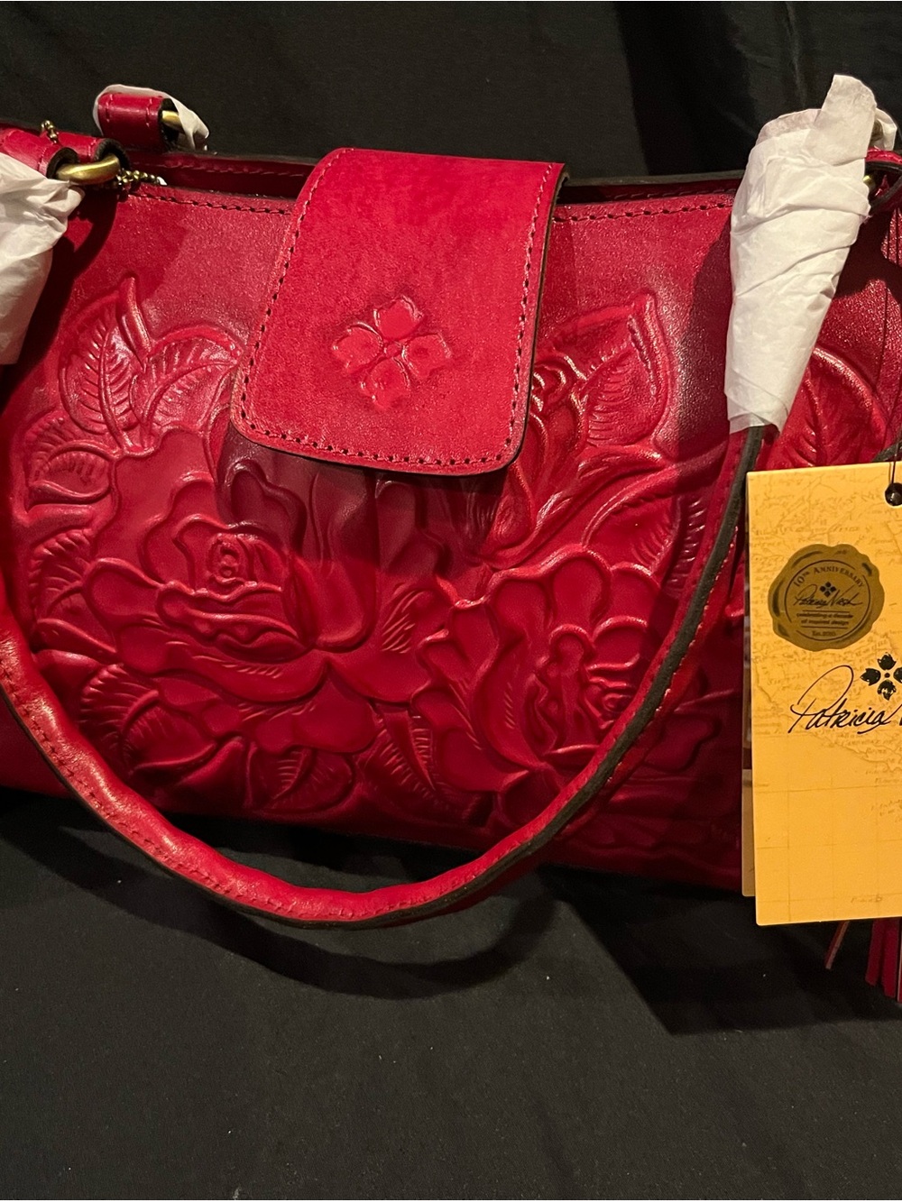 Patricia Nash Red Floral Embossed Leather Shoulder Bag